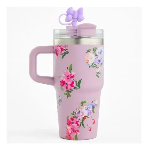 Copo Térmico Floral 550ml Com Alça Canudo E Protetor Laço Lilás