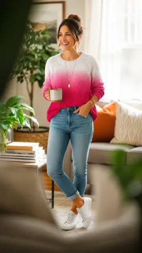 Blusa de Tricô Feminina Degradê Rosa e Branca | Tam. M