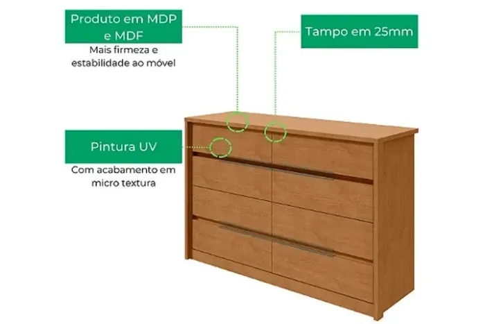 Cômoda Urban Ampla 8 Gavetas para Roupas