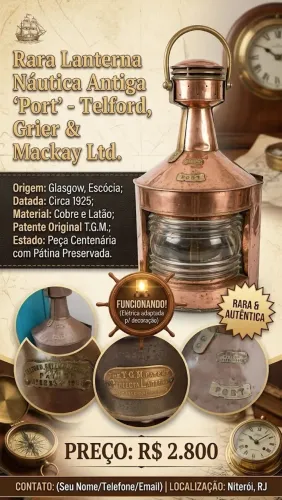 ANTIGUIDADE -Autêntica lanterna náutica escocesa (1925) de bombordo Telford, Grier & Macka