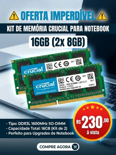 Kit Memória RAM 16GB (2x 8GB) Crucial DDR3L 1600MHz