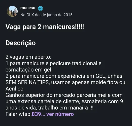 Vaga de manicure para gel e acrilico