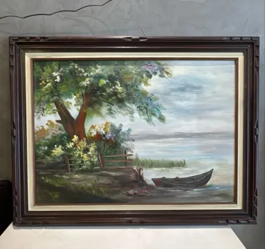 Quadro Pintura Óleo Paisagem Barco Moldura Vintage Madeira