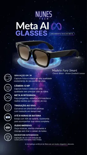 Óculos Meta Fury Smart AI, Câmera de 12MP, Tradução ao Vivo ? Resolução 3K HD
