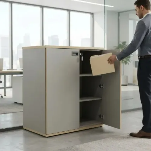 Armário Balcão Baixo Escritorio Com 2 Portas Com Chave Cinza - Material Super Resistente