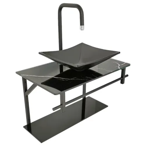 Kit Lavatório De Vidro 48x35cm - Marmorizado Preto - com prateleira e toalheiro