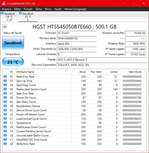 HD Notebook HGST 500GB Slim 2.5" SATA 3 - Testado e Funcionando
