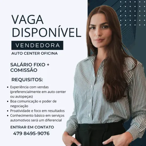 Vaga de emprego vendedora auto center oficina mecânica