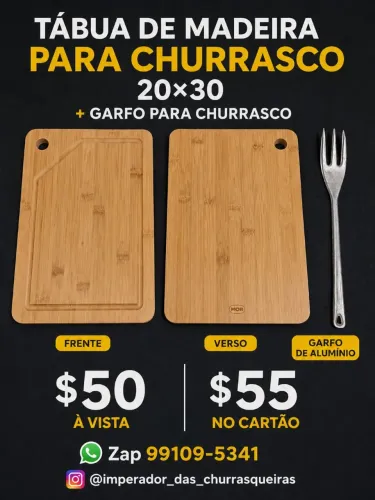 Tábua de madeira para churrasco 20×30 com Garfo de Alumínio para churrasco