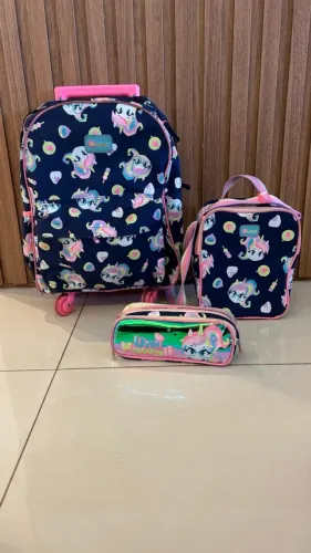 Kit Mochila Com Rodinha, Lancheira e bolsinha- Puket Unicórnio