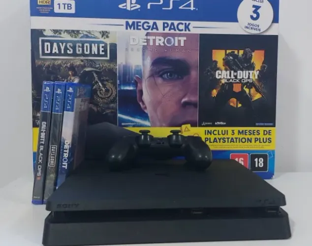 PS4 slim + 3 jogos - 1tb, completo na caixa