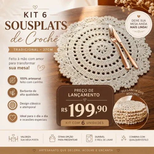 Kit Sousplat de Crochê 6 lugares 