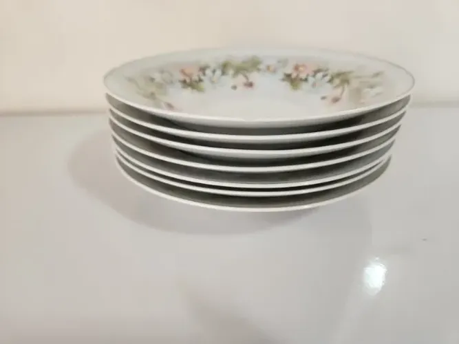 sete pratos fundos porcelana schidt floral com friso ouro
