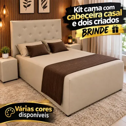 CAMA Box ACOLCHOADA + CABECEIRA + Criados Puff