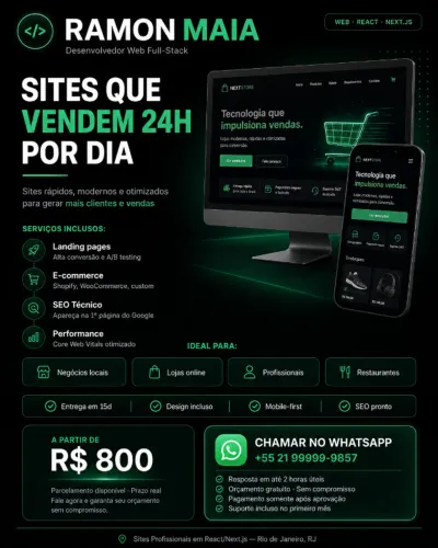 Landing Page e Sites Profissionais em React Next.js | A partir R$ 800 | SEO incluso | RJ