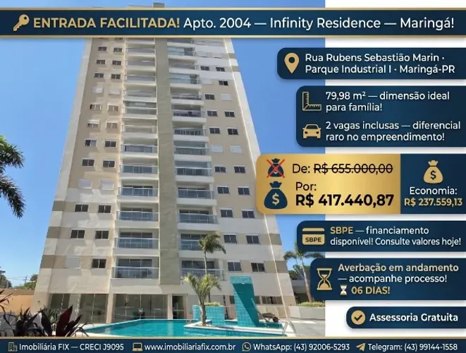 ? ENTRADA FACILITADA! Apto. 2004 ? Infinity Residence ? Maringá!