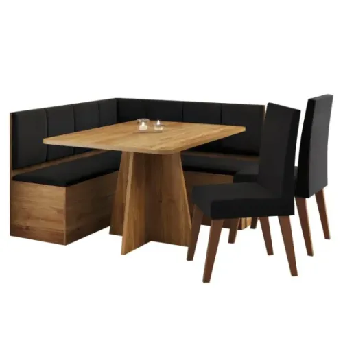 Conjunto Canto Alemão com Baú Mesa 120x77,5cm Tampo sem Vidro com 2 Cadeiras Milão Preto/M