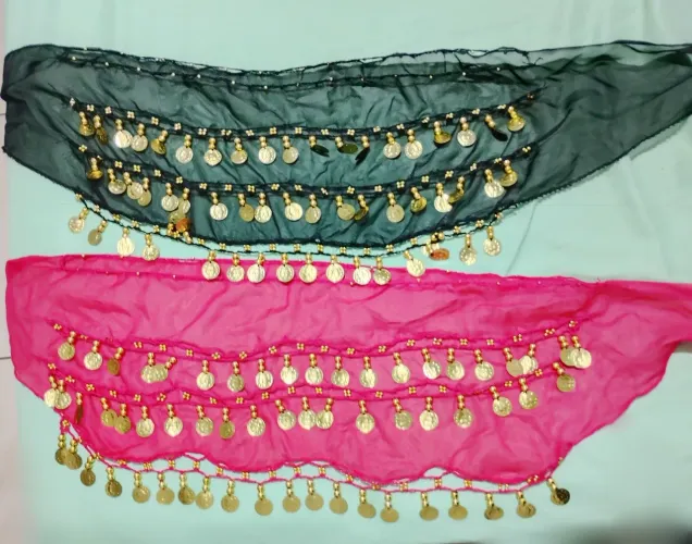 Kit lenços dança do ventre + cinto de moedas e um par de braceletes 