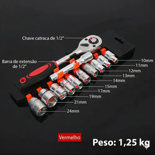 Jogo de soquete sextavado 1/2 catraca 12 peças Ferramentas 10-24mm