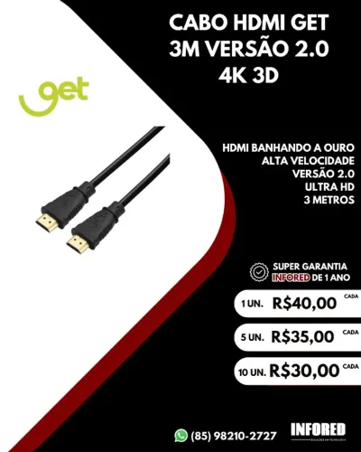 Cabo HDMI Get 3m versão 2.0 4K 3D