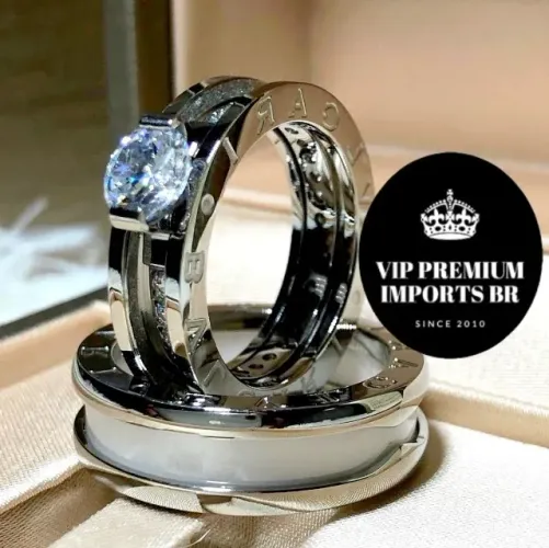 Alianças anel Bvlgari com cerâmica branca banho de 6mm de ouro branco 18 k