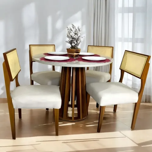 Mesa Berlim 100 Cinamono/Off White com 4 Cadeiras Madeira Maciça tt43