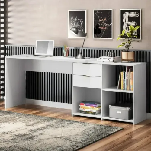 "Escrivaninha Notável NT2060: Praticidade e Elegância em Branco, com Opção Reta ou em L e 