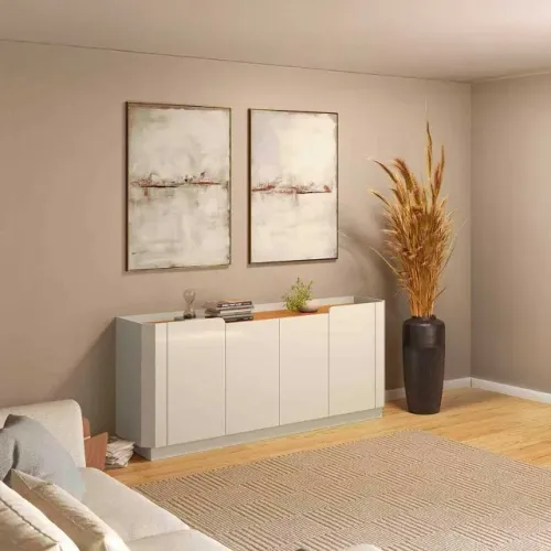 BUFFET 100% MDF COM 4 PORTAS + GAVETA INTERNA + PÉS EM MADEIRA