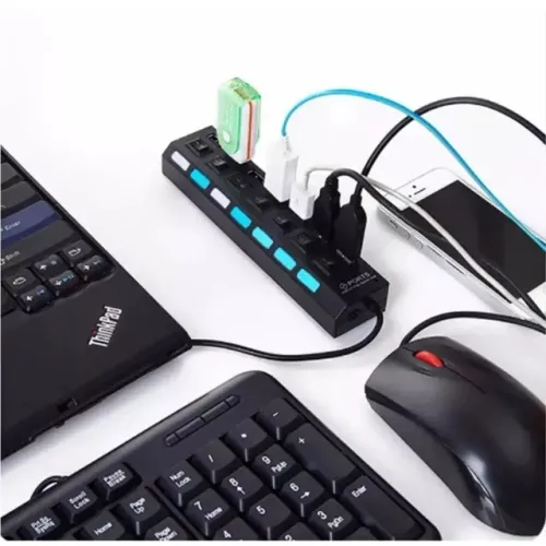 Hub Usb 2.0 Extensão 7 Portas Com Led 480 Mbps Alta Velocidade Botão Liga Desliga