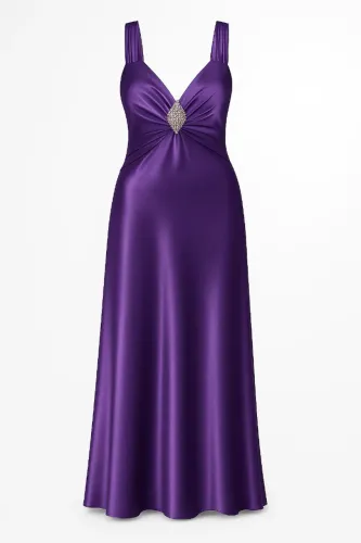 Vestido Festa Longo Roxo Acetinado com Broche Metalizado Strass