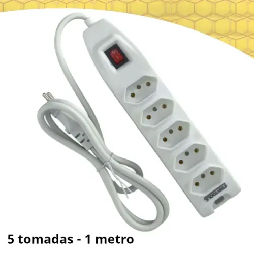 Extensão Elétrica cabo 1M 5 Tomadas 2P+T e interruptor de Luz - Novo a pronta entrega