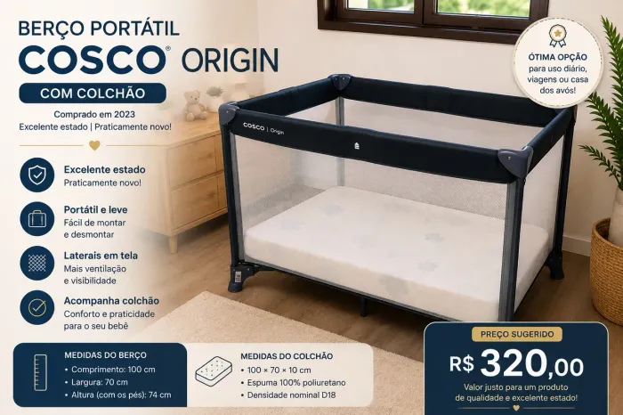Berço Portátil Cosco Origin + Colchão - Excelente Estado