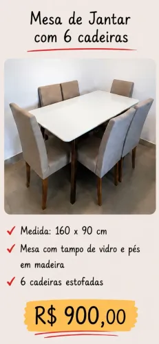 Mesa de jantar Offwhite tampo de vidro + 6 cadeiras 