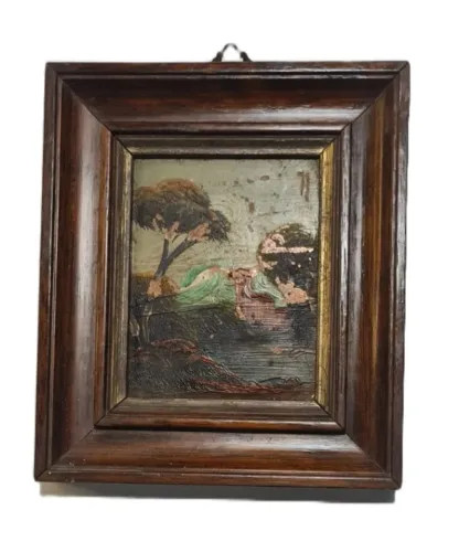 Quadro antigo com pintura a óleo de paisagem, emoldurado em uma estrutura robusta de madei