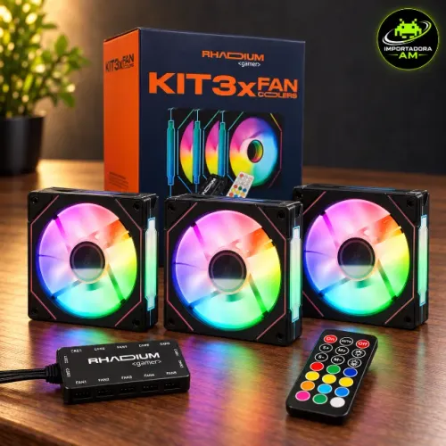Kit 3 Fans RGB Rhadium Gamer com Controladora e Controle Remoto