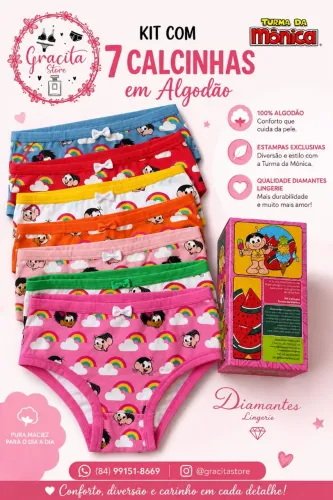 Kit com 7 Cacinhas Turma da Mônica Diamantes Lingerie 