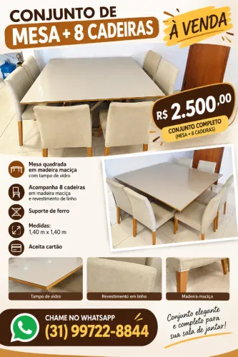 Mesa de jantar quadrada com 8 cadeiras