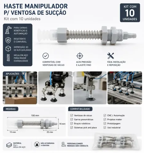 Haste Para Ventosa Pneumática Manipulador Robótico Kit 10 Unidades