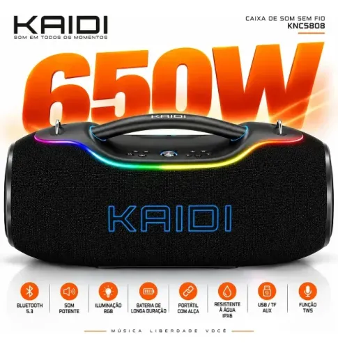 Caixa De Som Portatil 650w Bluetooth 5.4 Grave Potente Tws Preta Kaidi KNC-5808