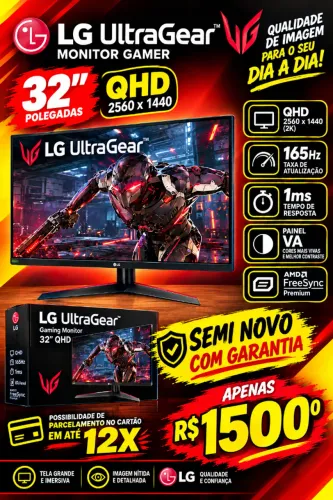 MONITOR LG ULTRAGEAR 32" QHD SEMI NOVO COM GARANTIA *POSSIBILIDADE DE PARCELAMENTO*