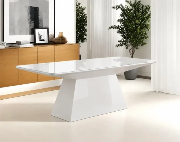 Mesa de jantar laqueada branca moderna 8 lugares