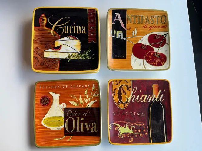 Kit 7 Pratos Quadrados Decorados Estilo Italiano - 21x21 cm