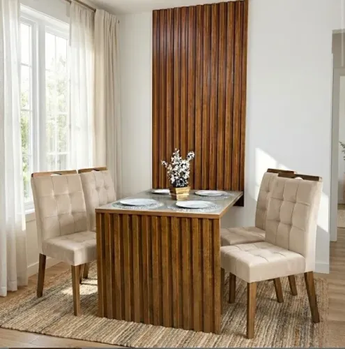 Conjunto Mesa de Jantar Lisboa 120 com Painel Ripado e 4 Cadeiras Veludo Bege