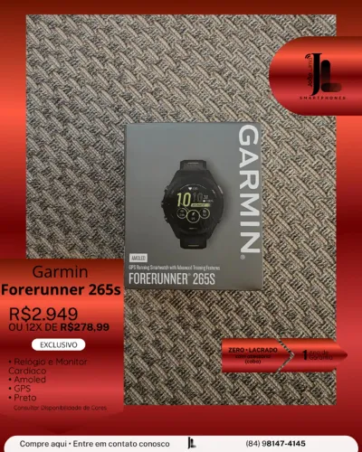 GARMIN FORERUNNER 265S, PRETO, LACRADO, EXCLUSIVO!