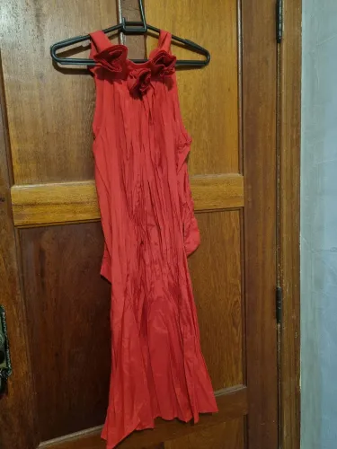 Vestido vermelho com detalhes de rosas na gola