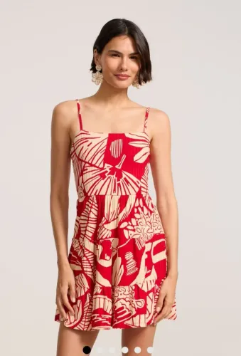 Vestido em ribana cim estampa folhagem vermelho,  tam m, marca Bluesteel.