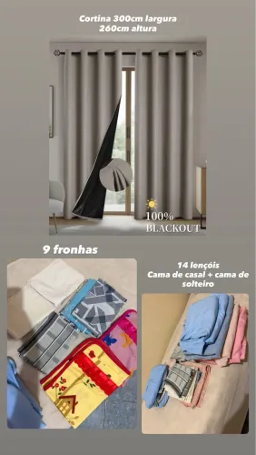 kit com 24 itens - 1 peça cortina 100% blackout 300cm X 260cm + 9 fronhas + 14 lençóis