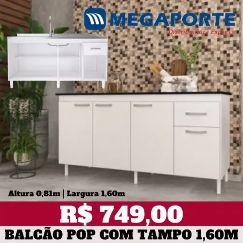 Balcão de Cozinha 1,60m com Tampo 4 Portas (NOVO) Entrega Grátis!