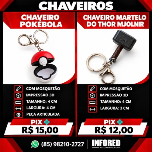 Chaveiros Geek Impressão 3D com Mosquetão