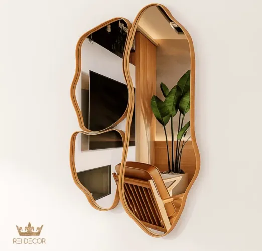 Kit 3 Espelhos Orgânicos Slim Decorativos Moldura Amadeirada Assimétricos c/ Suporte